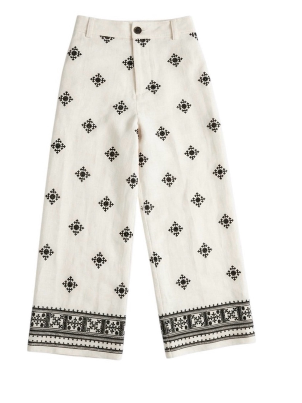 Zara Cream Wide-Leg Pants with Black Embroidery